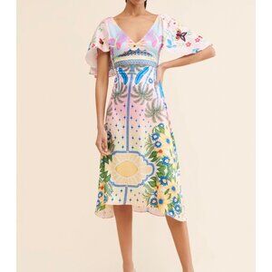 NWT Oceanus Camille Satin Midi Dress Colorful Tropical Floral Resort Small